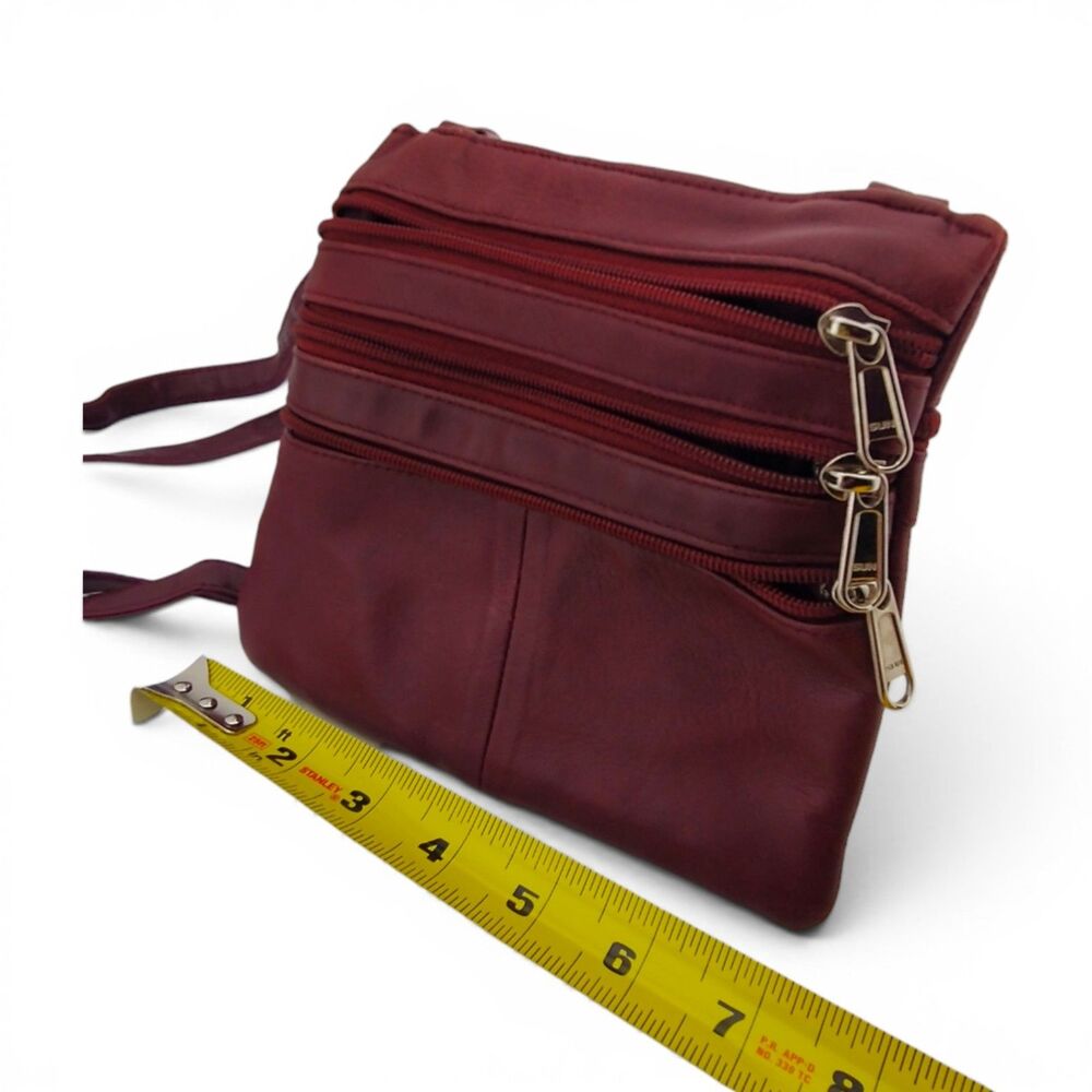 Genuine Leather Crossbody Bag Burgundy Multi Zip Pocket Purse Made in India